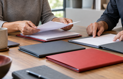 Two people organising several unbranded pension folders into one financial overview