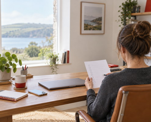 Professional reviewing a checklist at a home office desk before moving into contracting