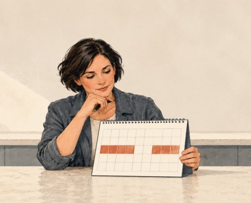 Illustrated contractor reviewing a calendar with a gap between two blocks of assignments.