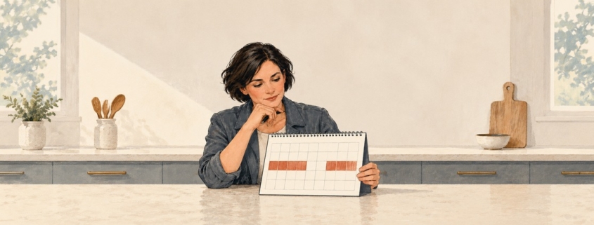 Illustrated contractor reviewing a calendar with a gap between two blocks of assignments.