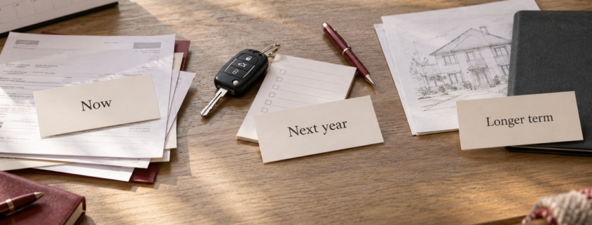 Bills, a car key and a home sketch grouped under Now, Next year and Longer term, representing different financial timeframes.